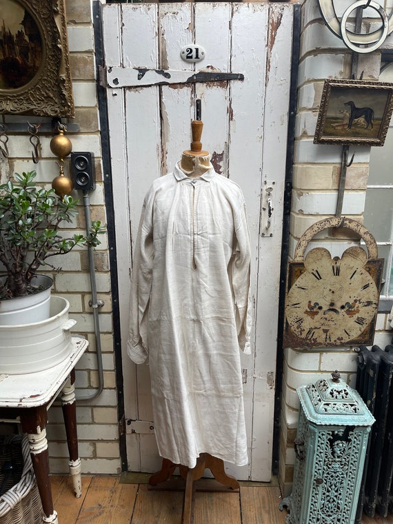 Antique French cream off white linen shirt dress … - image 1