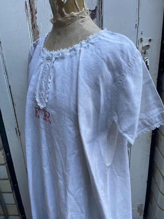 Antique French white  linen dress initials ER wit… - image 8