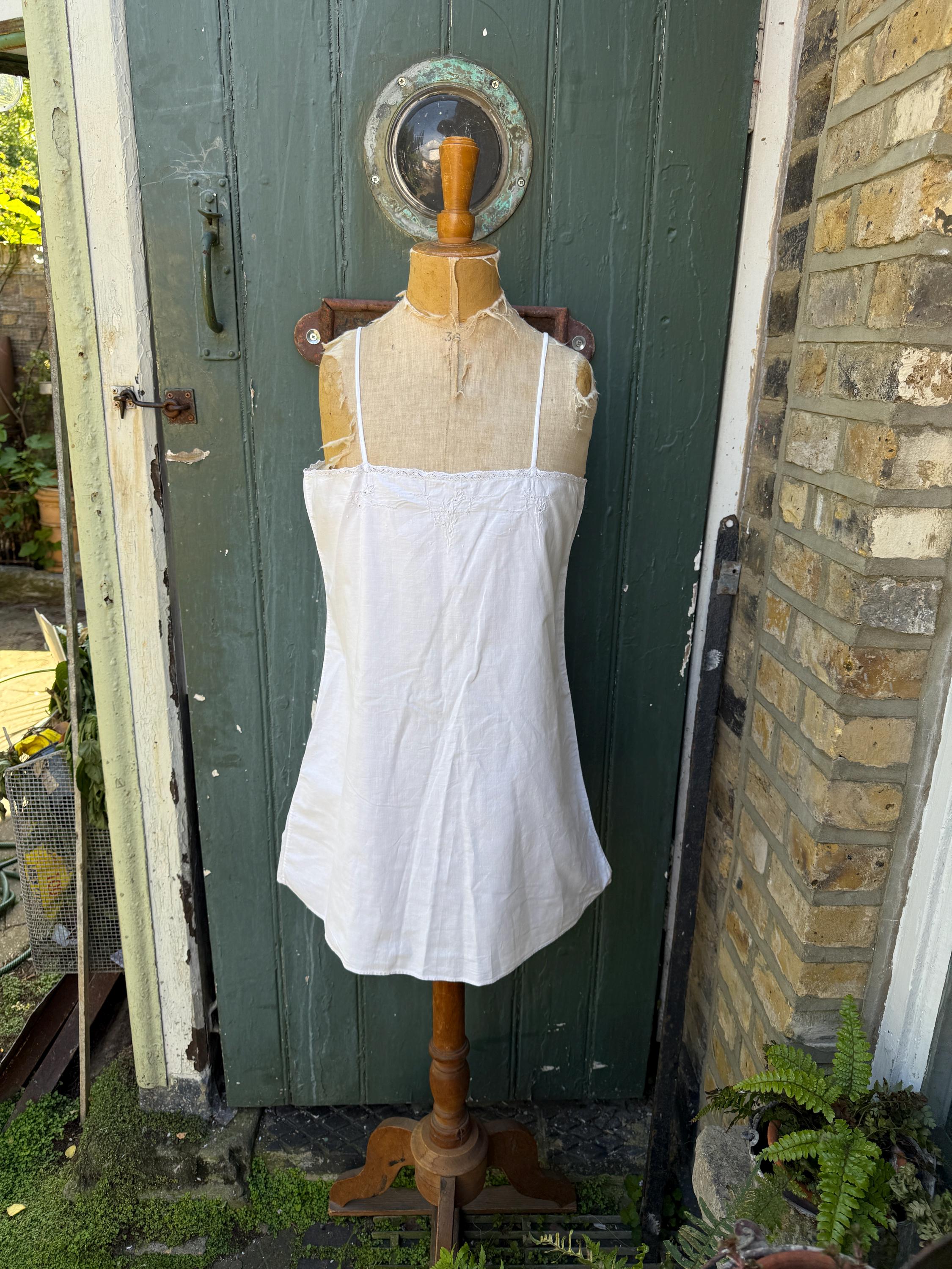 アンティークフランス製ホワイトコットンスリップドレス サイズS