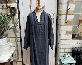 Antique French dark grey linen shirt dress chemise size M UK 12