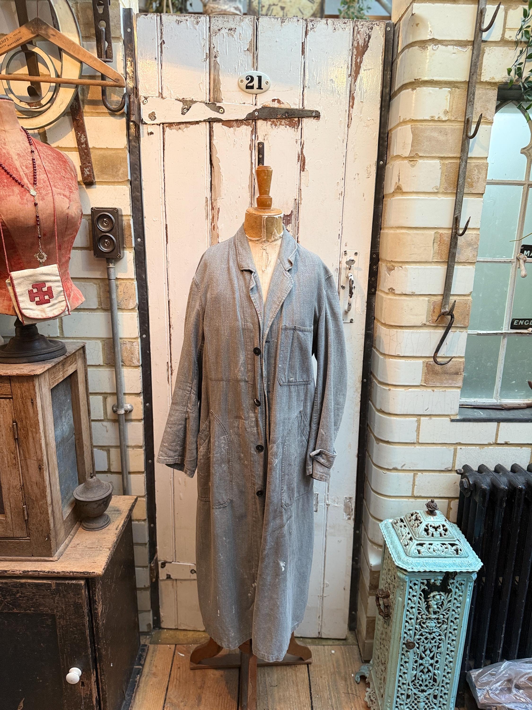 Antique Vintage French Paint Spattered Light Grey Cotton Workwear