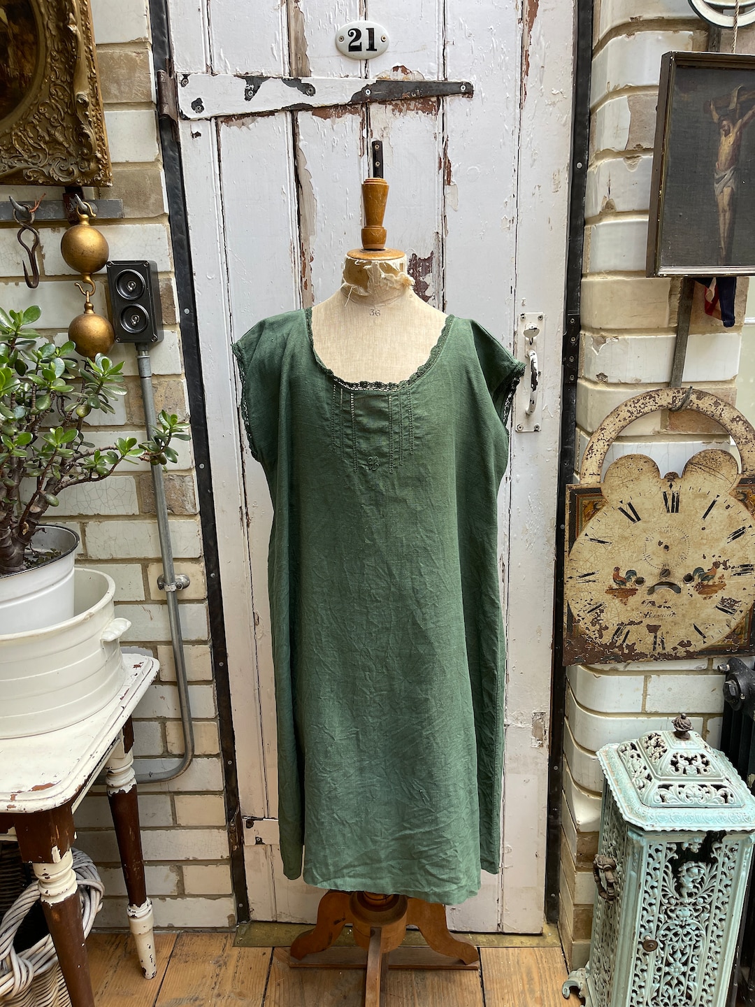 Antique French Green Linen Shift Dress Initial L Size L - Etsy