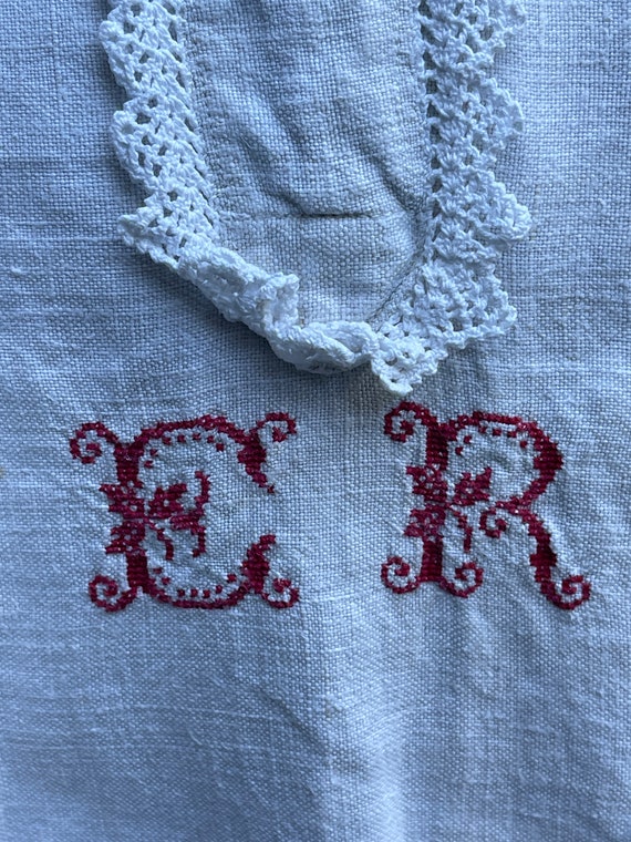 Antique French white  linen dress initials ER wit… - image 5