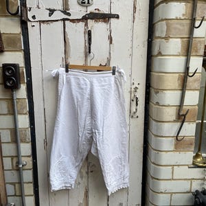 Antique French long white warm cotton lingerie shorts bloomers with lace trim size S