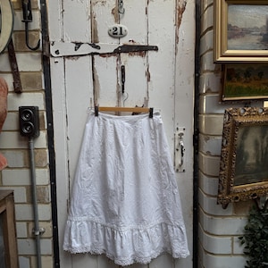 Antique French handmade white cotton skirt with lace trim size S