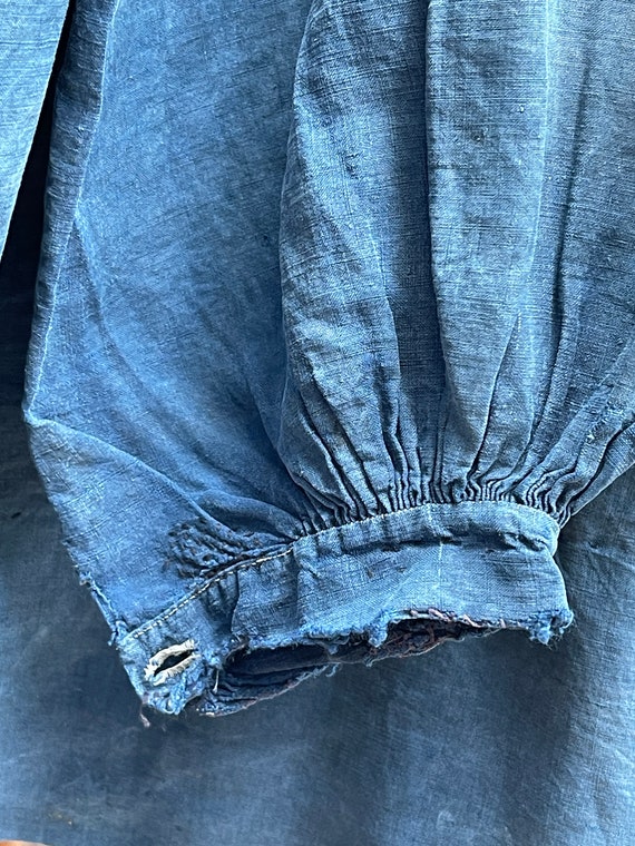 Antique French Handmade Indigo Blue Linen Biaude Smock One
