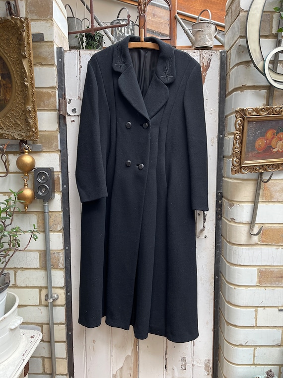 Antique Dutch Long Black Wool Coat With Embroidered Collar Size M