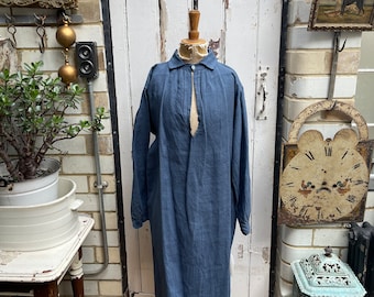 Antique French blue linen shirt dress chemise with size M