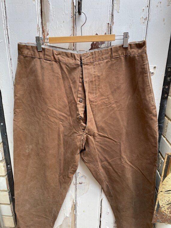 Antique Vintage French Brown Cotton Canvas Trousers With Leg