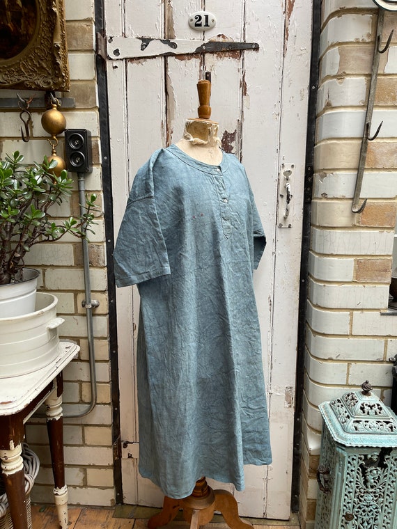 Antique French faded sea green linen flax dress i… - image 9