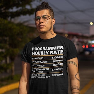 May include: A black t-shirt with white text that reads "Programmer Hourly Rate" and a chart listing different hourly rates based on the level of help provided. The rates range from £100/hr to £250/hr.