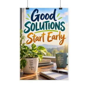 May include: A vertical poster featuring the text Good SOLUTIONS Start Early in blue, teal, and orange. A white planter with the text Small Steps Make Big Progress holds a green plant. A blue mug reads A Brighter Tomorrow Starts Today.