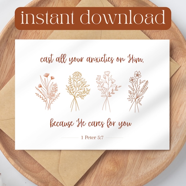 Printable Scripture Card - 1 Peter 5:7 - Christian Bible Verse - Encouraging Greeting Cards - Instant Digital Download