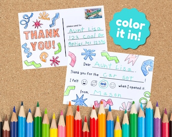 Kids Coloring Thank You Postcards: Fill-in-the-Blank Notes