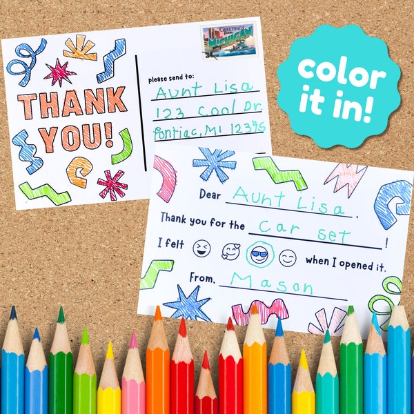 Postales de agradecimiento para colorear para niños: notas para completar