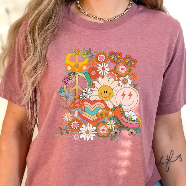 Women's Retro Flower Power Hippy T-Shirt for Music Festival Coachella Vibes 60s 70s TShirt Gift for Her Fun Colorful Tee Vintage Concert Tee