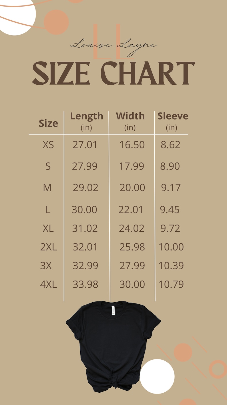 May include: Size chart for a t-shirt with measurements in inches for XS, S, M, L, XL, 2XL, 3X, and 4XL. The chart shows the length, width, and sleeve length for each size.