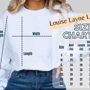 May include: Size chart for a white long-sleeve sweatshirt with measurements in inches for bust, length, and sleeve length. Sizes range from S to 4XL.