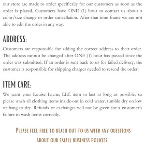 May include: A document with shop policies, including details on sales, address changes, and item care. The text is in a brown font on a white background, with decorative hearts at the bottom.