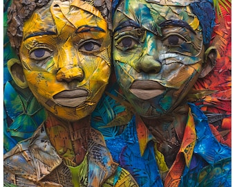 Textured Mixed-Media Portrait: Two Brown Boys, Recycled Materials Framed Art