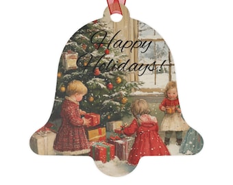 Vintage Children Christmas Scene Metal Ornament | Happy Holidays Bell Shape