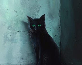 Mystical Black Cat with Piercing Green Eyes - Digital Art in a Moody Atmosphere