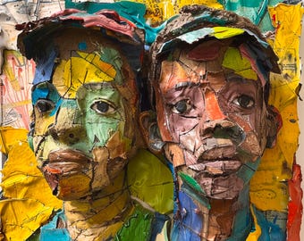 Colorful Mixed-Media Portrait of Two Boys - Textured 3D Art on Recycled Materials