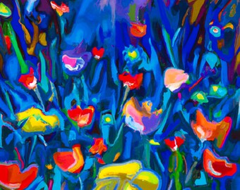 Vibrant Abstract Floral Painting – Bold Blue Background with Colorful Wildflowers in Expressive Brushstrokes