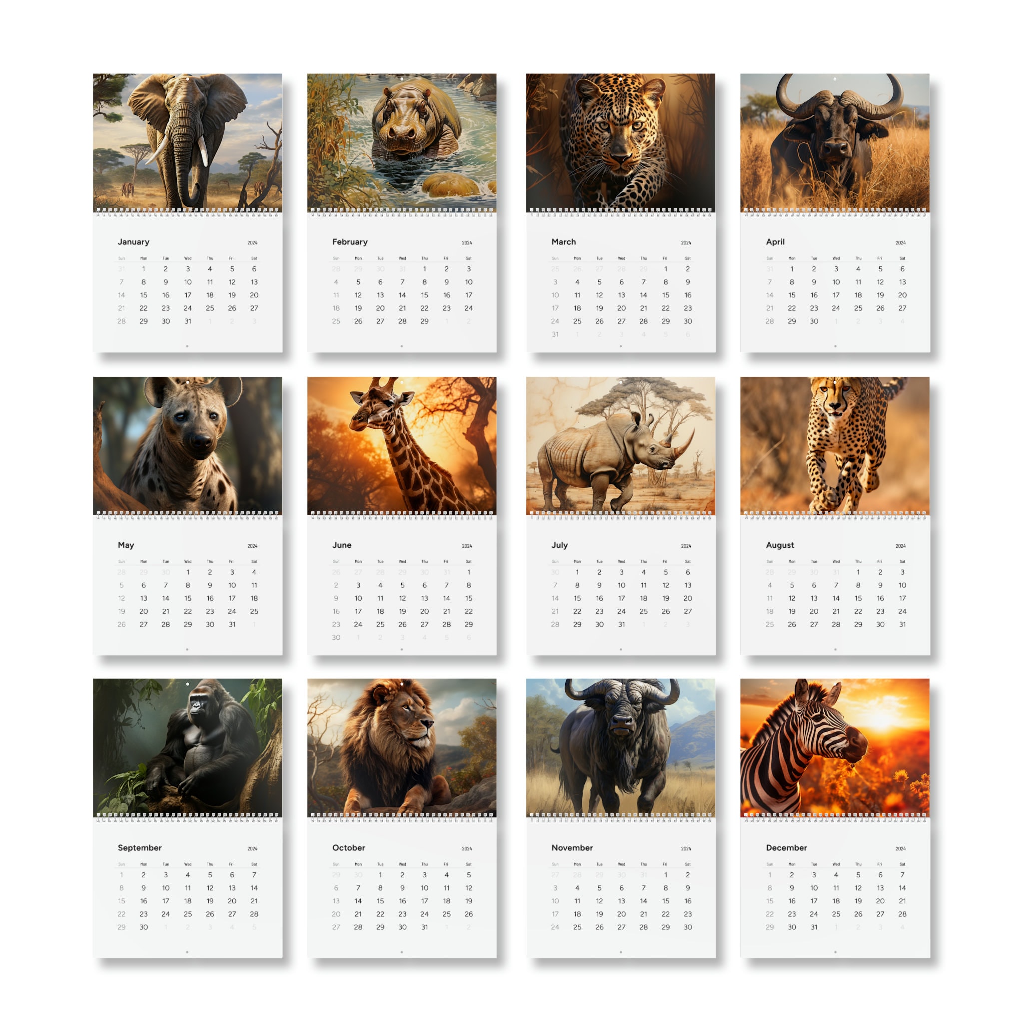 Wild Animals Wall Calendar (2024) Etsy