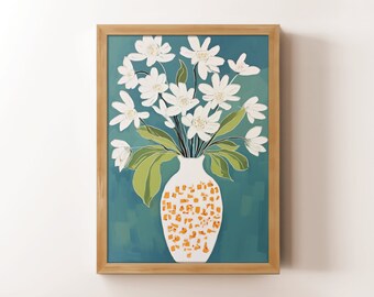 Lámina artística de flores blancas: Pintura botánica en verde azulado (descarga digital)