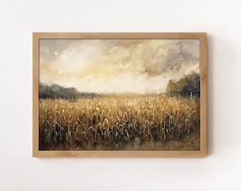 Moody Cornfield Landscape | Farm Scene Wall Art | Rustic Countryside Print | Fall Farmland Painting | Cottagecore Autumn Season Wall Decor