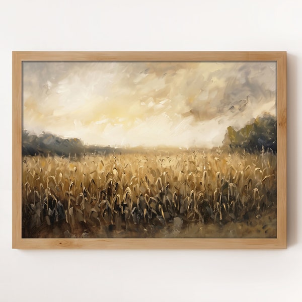 Moody Cornfield Landscape | Farm Scene Wall Art | Rustic Countryside Print | Fall Farmland Painting | Cottagecore Autumn Season Wall Decor