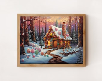 Gingerbread House Christmas Painting: Winter Cottagecore Art (Digital Download)