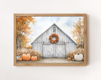 Festive Fall Barn Print Download | Farm Art | Autumn Country Farmhouse Printable | Rustic Barn Wall Art | Old Barn Painting | Farm Picture
