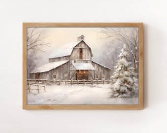 Snowy Barn Winter Landscape Art Print (Digital Download)