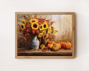 Sunflowers Fall Printable Wall Art | Instant Digital Download | Sunflowers Pumpkins Rustic Wall Decor | Vintage Farmhouse Harvest Table Art