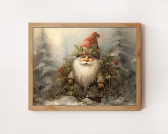 Pintura de gnomo navideño: Arte rústico de bosque invernal (Descarga digital)