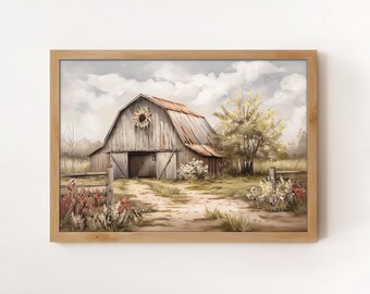 Rustic Barn Landscape Art Print: Farmhouse Country Scene (Digital Download)