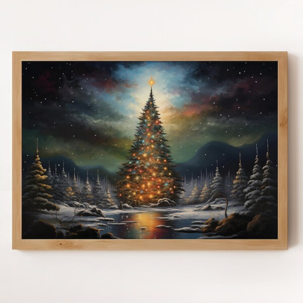 Moody Christmas Tree Printable Wall Art | Magical Christmas Night Painting | Winter Print Digital Snowy Forest | Christmas Winter Landscape