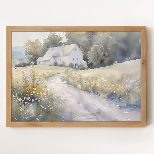 White Farmhouse Print | Printable Wall Art Landscape | Pastel Watercolor Farm Artwork | Country Road Painting | Rural Farmstead Picture