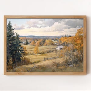 Autumn Farmhouse Landscape Art Print: Country Barn Scene (Digital Download)