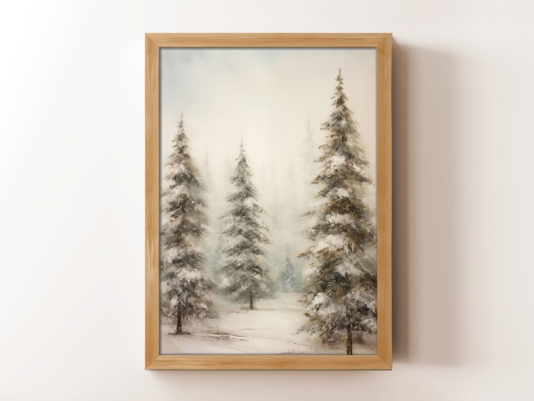 Winter Pine Trees Art Print: Rustic Landscape Painting (digital ...