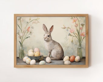Vintage Bunny Easter Print: Rustic Spring Floral Wall Art (Digital Download)