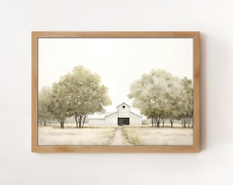 Watercolor Barn Print: Neutral Farmhouse Landscape (Digital Print)