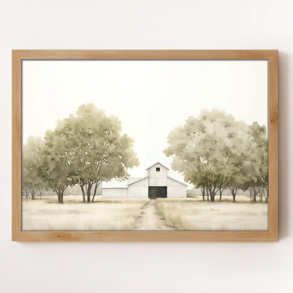 White Barn Landscape Print | Farm Art Digital Print | Farmhouse Picture | Barn Decor | Neutral Country Wall Art | Watercolor Barn Artwork