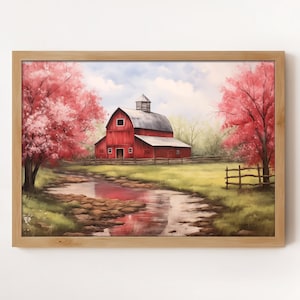 Red Barn Watercolor Painting: Spring Farm Landscape (Digital Download)