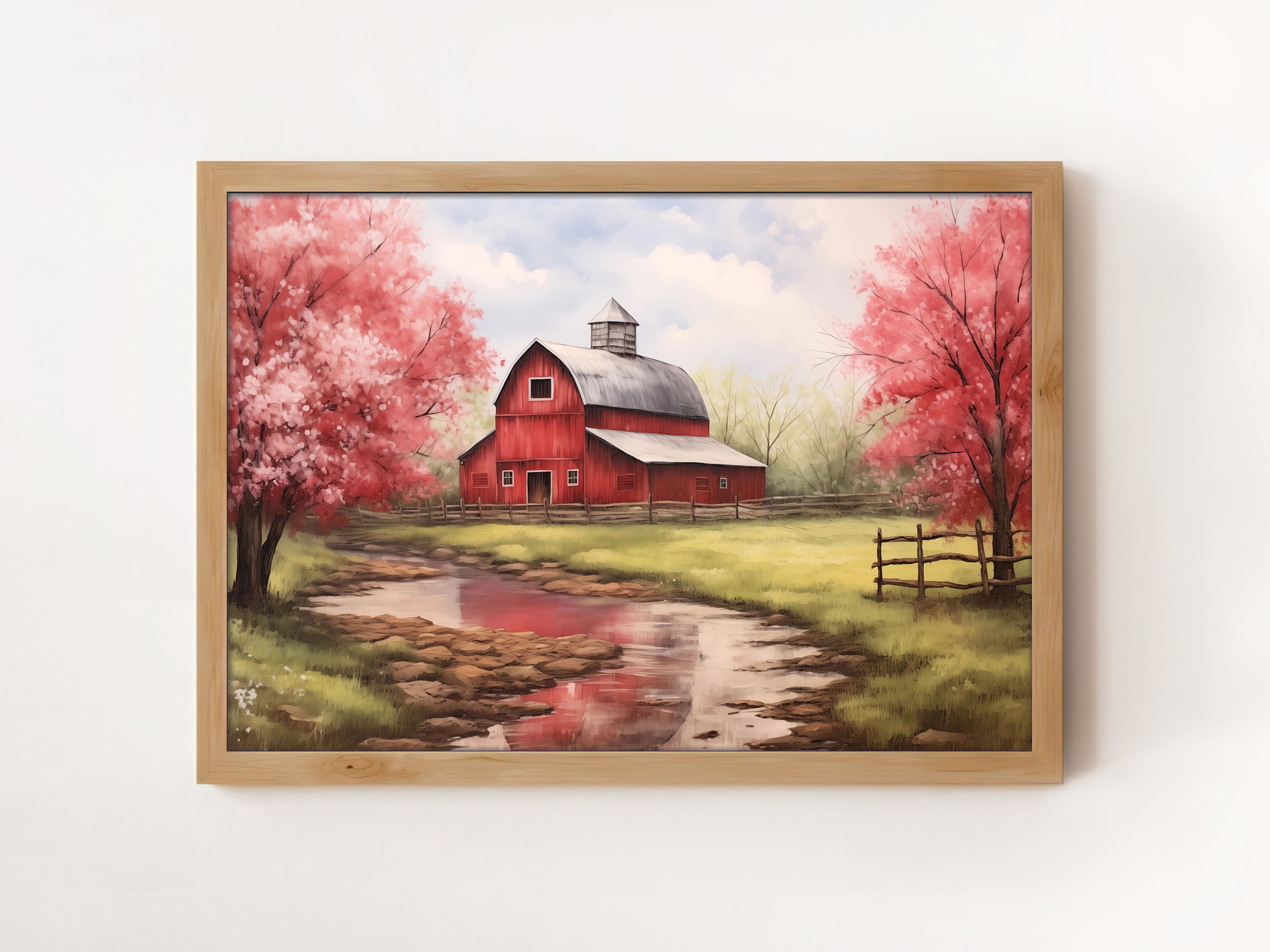 Red Barn Watercolor Painting: Spring Farm Landscape (Digital Download)
