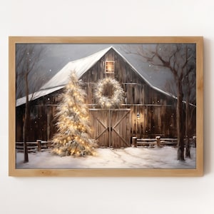 Verschneite Scheune mit Weihnachtsbeleuchtung Print: Rustikale Bauernhaus Kunst zum ausdrucken digitaler Download