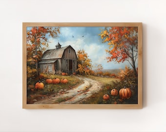 Autumn Pumpkin Farm Picture Download | Fall Digital Barn Print | Rustic Barn Artwork | Printable Farmhouse Landscape | Cottage Fall Farm Art