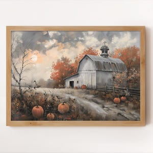 Fall Barn Landscape Painting: Moody Pumpkin Farm Art (Digital Print)